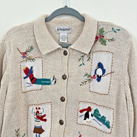 Alfred Dunner Knit Cardigan Sweater Sz L Novelty Floral Embroidered‎ Ice Skating - Picture 2 of 16